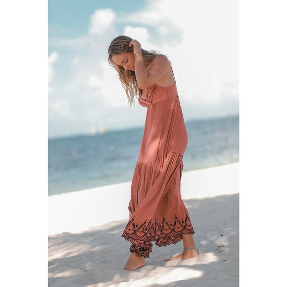 Maxi Dress by T. ZOVICH Mixed Media Floral Pink Salmon Sleeveless Ecofriendly M - Picture 7 of 12